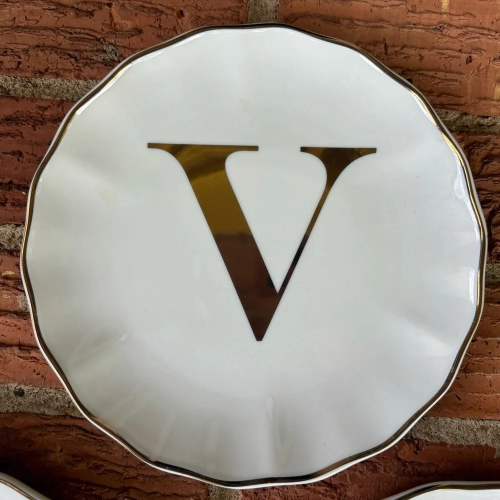 Set of 3 New Williams Sonoma White & Gold Monogram Initial V Appetizer Plates